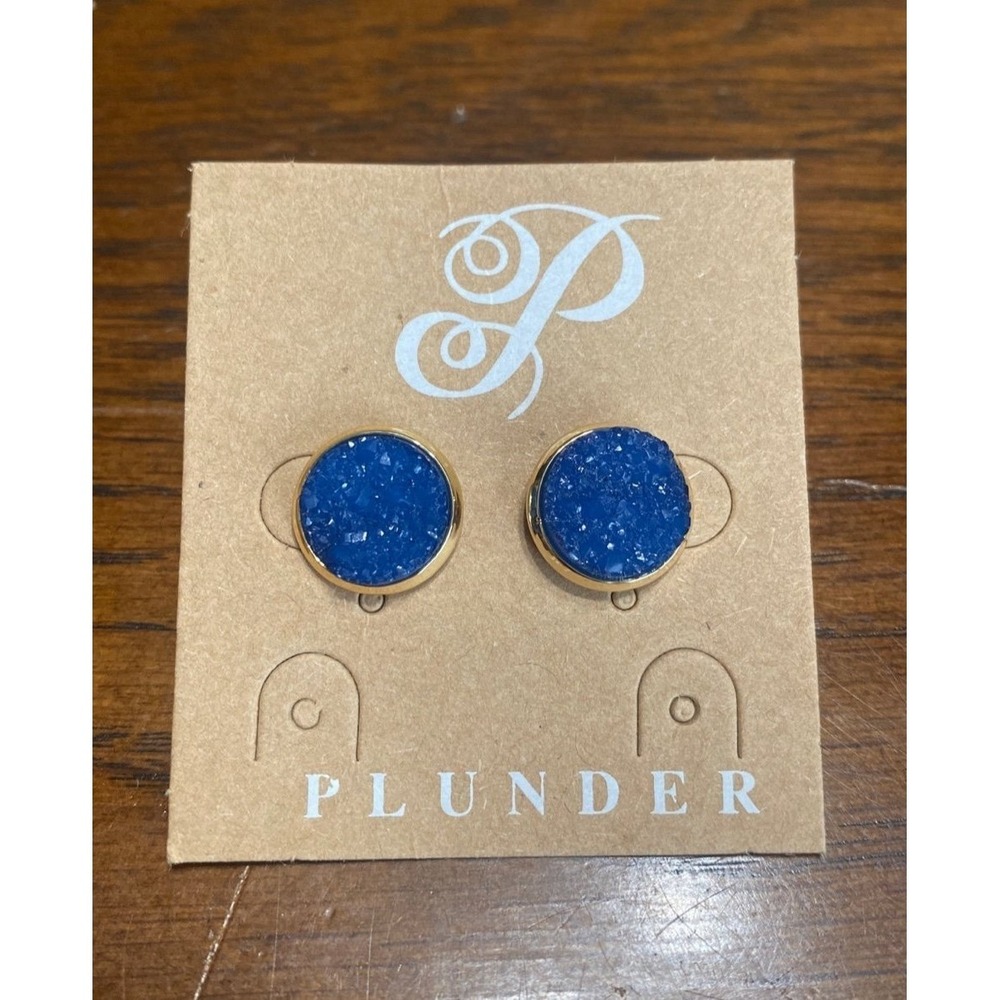 Plunder Design Blue Druzy Stud Earrings Gold Tone Round Sparkly Jewelry Womens